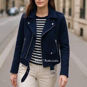 NWT Theory Moto Jacket in Faux Suede, Navy, Small, Machine-washable